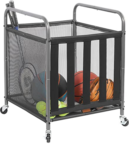 STORAGE MANIAC Ball Storage Bin Rolling Sports Ball Cart, Metal Garage Organizer Sport Rack, Ball Basket Storage, Ball Cage for Garage or Gym, Indoor & Outdoor Sports Equipment Organizer, Black