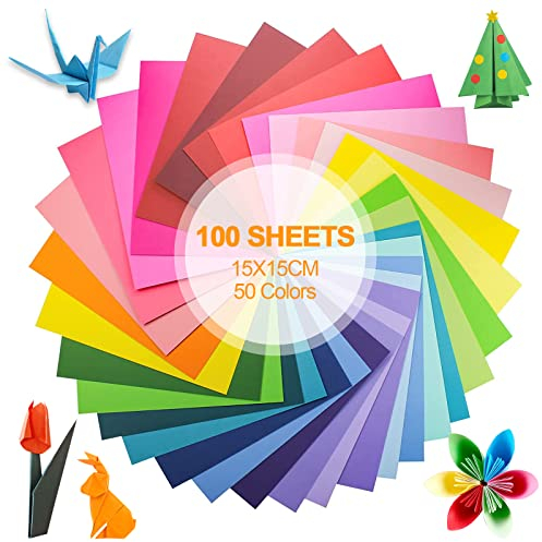 Origami Papier, 100 Blatt 50 lebhaften Farben 15 x 15 cm, Bunts Quadratisches Gefaltetes Papier für Weihnachten Origami DIY Kunst und Bastelprojekte