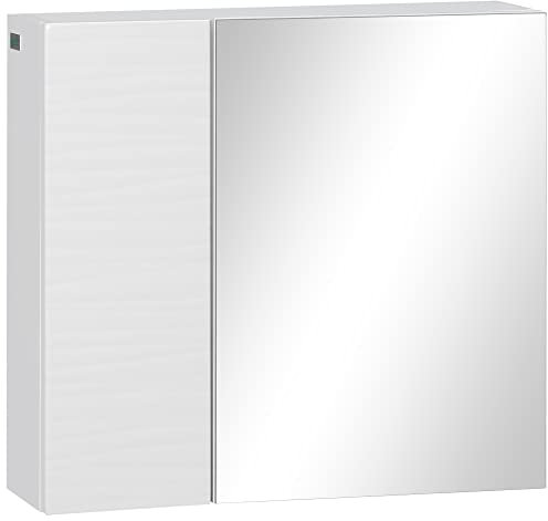 kleankin Bathroom Cabinet with Mirror, Double Door Wall Mounted Storage Cupboard Organizer with Adjustable Shelves, White