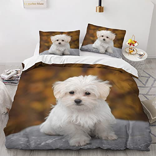 TAKOLI Bettwäsche 135x200 3D Malteser Hund, Weiche Microfaser Bettwäsche Set 2 teilig, 1 Bettbezug 135x200 & 1 Kissenbezüg 80x80, mit Reißverschluss
