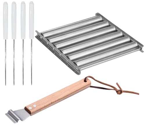 Wurstwalze Grill mit Holzgriff, Hotdog Roller Wurst Roller für Grill, Edelstahl, Wurstroller, 6 Rollen für 5 Hot Dogs, Anti-Verbrennung, gleichmäßig erhitzen