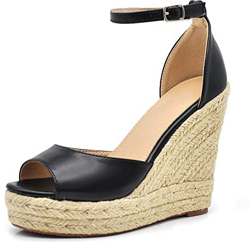 Scarpe Sandali Espadrillas da Donna con Platform Zeppa Corda Cinturino Fibbia X7M0096 Nero N.41