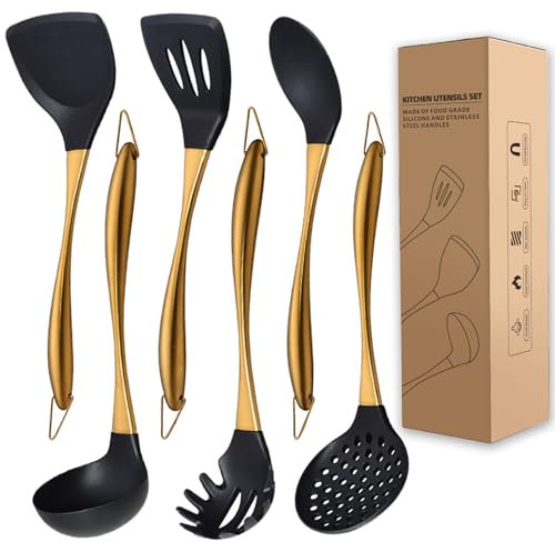 QRU Kitchen Utensils Set, Large Non-stick Silicone Cooking Utensils Set 6 Pcs,Made of 446°F Heat Resistant Food Grade Silicone and Stainless Steel Handles,Easy to Clean Kitchen Gadgets Set (Gold)