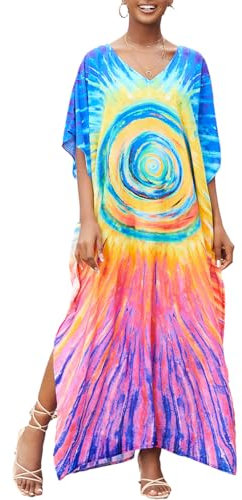 Bsubseach Kaftankleider für Frauen Langer Badeanzug Coverup Kurze Ärmel Plus Size Kaftan Kleid Resort Wear Farbiger Kreis