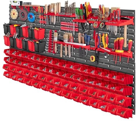KADAX Lot de 103 Étagère murale à outils, 156 x 78 cm, étagère murale d'atelier pour garage, kit mural à outils, système de stockage avec bacs de stockage à vue, plaques murales extensibles (rouge)