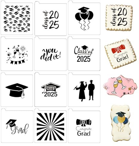14 x 14 cm Abschluss-Plätzchen-Schablonen, 12 Stück, Klasse 2024/Abschlussballons/Grad zum Backen, Zuckerguss, Zuckerkekse, Cupcakes, Karten, Dekorationswerkzeuge
