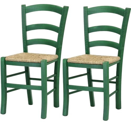 VIRSUS Set 2 Sedie Paesana in Legno con Seduta in Paglia, Misura 43x42x86 cm, Sedia Tradizionale Robusta, per Casa, Cucina, Agriturismo, Ristorante, Made in Italy (Verde)