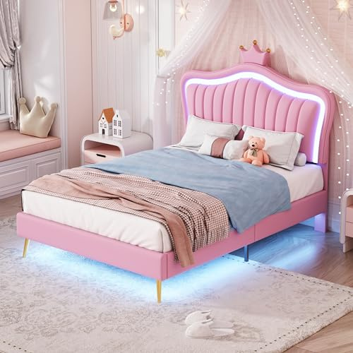 Idemon Gepolstertes Kinderbett, Mädchenbettgestell, Rosas Kronenbettgestell, aus PU-Leder, mit Ambientebeleuchtung, Lattenrost und Rückenlehne (Matratze Nicht enthalten) (90 x 200 cm)