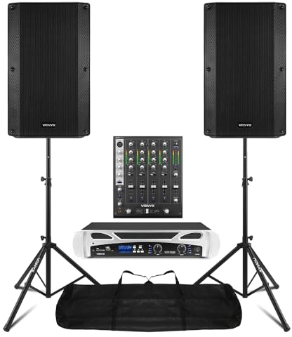 VONYX VSA15P DJ Amplifier and Speaker Package, Mobile Setup with STM7010 Mixing Desk, 1000W Powered Speakers, 4-Channel Mixer, Stands