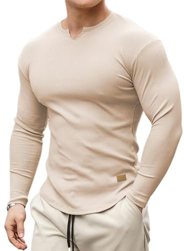 Meilicloth Mens T Shirt Henley Long Sleeve Men Casual Pullover V Neck Top Muscle Longline Ribbed Tee Shirt Beige Medium