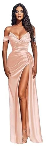 SWEMILE Robe Rose Pâle Femme de Cocktail Vintage Rockabilly Robe Plissée Longue sans Manches Col en V Robe à Strass en Satin Brillant Robes de Cérémonie