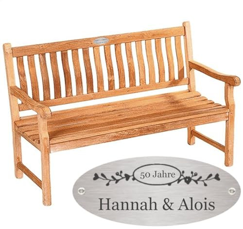 Sterngraf Bank zur goldenen Hochzeit mit Gravur-Schild zB. Ranken (Namen/Datum), Teakholz Gartenbank Mendip 150cm, Edelstahlschild personalisiert, Geschenk zur Goldhochzeit