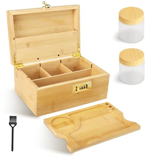 LIFEJXWEN Caja de bambú con cerradura de combinación, juego de almacenamiento de madera, 2 tarros + cepillos + tubos de almacenamiento de bandeja con ruedas, caja de almacenamiento de madera para