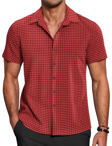 COOFANDY Chemise Homme Manches Courtes Chemise a Carreaux Chemises Bucheron Chemises Ete DéContractées Rouge & Noir M