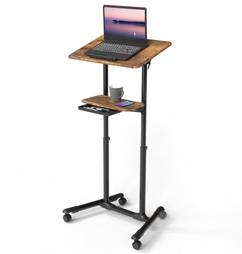 ETHU Adjustable Mobile Laptop Desk with Storage Tray 106-132cm | 60x40cm Tilting Top and Lockable Wheels, Mobile Podium and Stand-Up Desk for Office, Classroom and Home