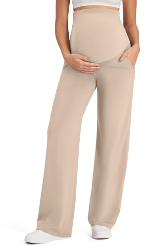 G4Free Umstandshose Damen Hohe Taille Yogahose mit Taschen Weites Bein Umstandsmode für Schwangere Lang Freizeithose Stretch Lose Gerade Hose Klein/Regulär/Groß