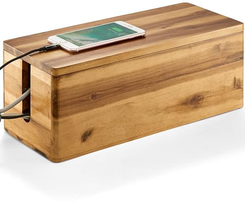 TIDITA Acacia Wood Cable Management Box Round Edge - 16 L Wooden Cable Organizer Box for Electrical Hiding Cord Management - Power Strip Hider Cable Storage Box for Office, Router Wires, Under Desk