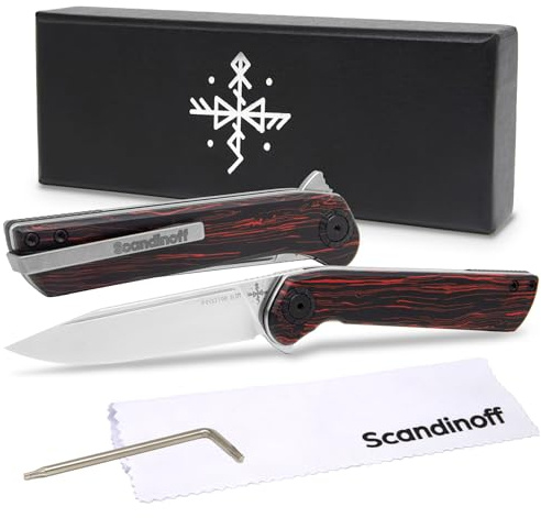 Scandinoff Klappmesser Slim - Einhandmesser - 80mm Klinge - Leicht Taschenmesser - Klingenform „Modern SEAX“ - Sandvik 14C28N Stahl - EDC Messer für Outdoor, Wandern | Pocketor Slim Nordic Blood