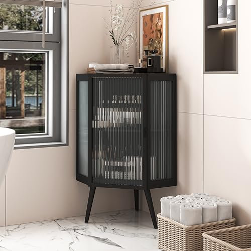 HAINEW Eckschrank Badezimmerschrank Aufbewahrungsschrank mit Glastür und Metallrahmen, Moderner Badschrank Hochschrank Badmöbel für Küche Bad, 56,5×42,5×80cm (Schwarz)