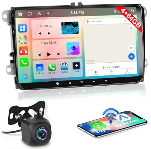 [4+64GB] Hikity 8 Core Android Autoradio Wireless Carplay pour VW Golf 5 Golf 6 Skoda Polo Passat Tiguan Touran, Écran Tactile 9 Pouces Poste Radio Voiture Bluetooth, Android Auto, GPS, FM RDS, WiFi