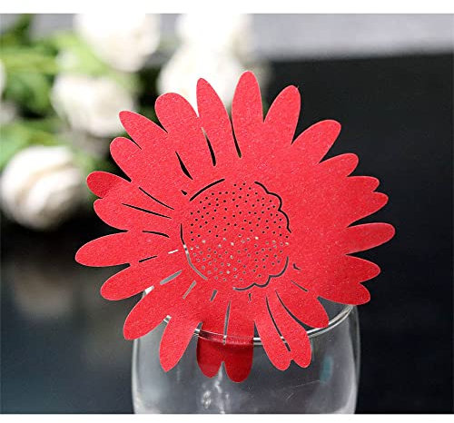 Tischkarten für Hochzeiten, Tisch-Tischkarten, ausgehöhlte Namenskarte, Sonnenblumen-förmige Grußkarte for Blumenstrauß, Weinglas, Tasse, Tischdekoration, Rot, 100 Stück