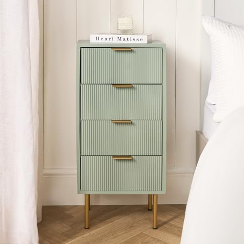 OHS Ribbed Bedside Table 4 Drawers, Ribbed Decorative Wood Bedside Table Sleek Storage Modern Bedside Tables for Bedroom Living Room Home - Sage Green, 78 x 36 x 24cm