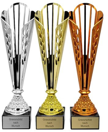 pokal-fabrik.de - Pokale 3er Set mit Gravur Wunschtext groß in Gold, Silber & Bronze - personalisiertes Geschenk - 36,5 cm inkl. Marmorsockel - Geschenk-Trophäe | Pokal kinderpokal