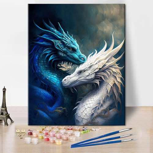 TISHIRON Paint by Numbers Kit for Adults - Blue & White Dragon Canvas Art, Color by Number for Adults with Mythical Creature Wall Decor, DIY Fantasy Dragon Painting Kits - 16x20(Frameless)