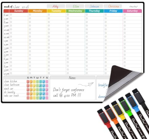 Magnetic Dry Erase Weekly Calendar for Fridge - Large 17x12 Magnetic Weekly Planning Board with Hourly Time Slots - 6 Extra Fine Point Markers Included