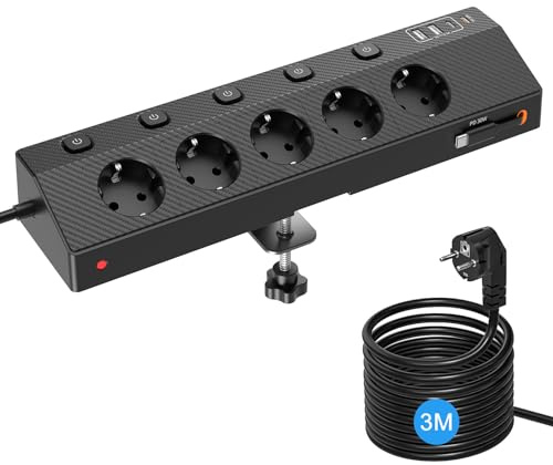 Ciabatta Multipresa con USB 30W, Scrivania Elettrica con 5 Prese, Multipresa Protezione Sovratensione con Interruttori Indipendenti e Prolunga Elettrica 3 Metri, 4000W Presa, Nero