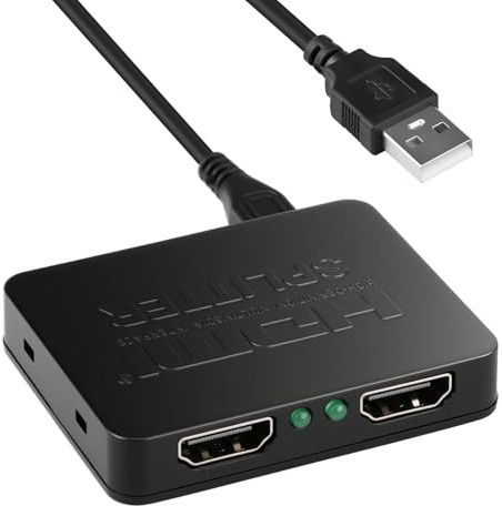 Hdmi Splitter 1 in 2 Out for Dual Monitors Splitter 4k Extended Display Support Same Screen Blu Ray HDTV DVD Player Home Office Gaming Theater Dual Hdmi Adapter for 2 Monitors USB Powered No Lag