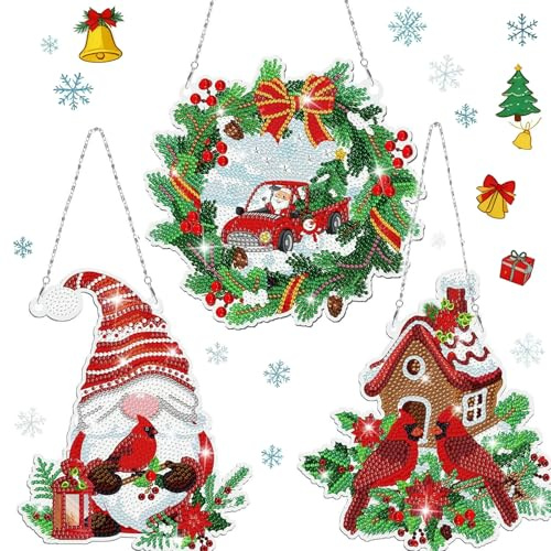 Plstod Diamond Painting Weihnachten 3 Stück Diamond Painting Anhänger DIY Diamant Weihnachtsornamente Erwachsene Kinder Basteln Weihnachten Geschenk für Fenster Wand Und Eingang Decor