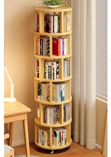 6-Etagen Drehregal, 360° Drehbares Bücherregal aus Massivholz, Platzsparendes Schmalregal für Wohnzimmer, Büro, Ecke, Schlafzimmer(Wood Color)