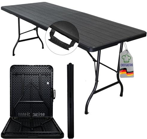 CHEFGASTRO Buffettisch klappbar 180x74cm Gartentisch wetterfest mit Tragegriff 8 Personen Kunststoff Holz Optik Schwarz Klapptisch Tragbar Campingtisch Outdoor für Garten Terrasse Balkon Partytisch