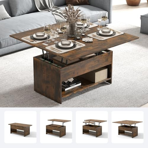 Manora Lift Top Coffee Table Convertible to Dining Table (Rustic Brown) | Height-Adjustable Coffee Table with Storage, Living Room Side Table with Hidden Compartment and Adjustable Shelf, 2 Levels
