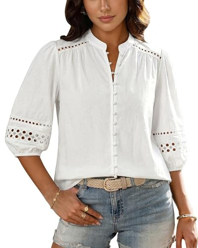 Bsubseach Women Button Down Shirt 3/4 Puff Sleeve Dressy Casual Blouse Cotton Eyelet Boho Mandarin Collar Tops