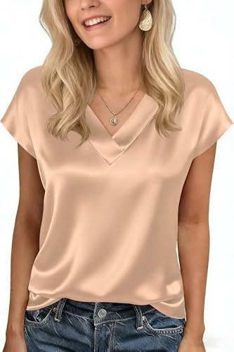 Xiaoliny Camicia Donna Elegante Blusa in Raso di Seta Casual T-Shirt Maniche Corte con Scollo a V Camicetta Satin Basic Top Estivo Larghe Maglia Semplice Chic Maglietta per Tempo Libero Festa Ufficio