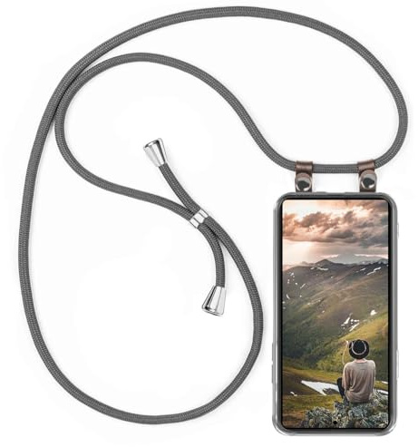 moex Handykette für Samsung Galaxy S26 Ultra Hülle mit Band abnehmbar, Handyhülle mit Kette zum Umhängen, Handyband 155 cm lang Stoff Kordel Umhängehülle, Handy Umhängeband, Grau