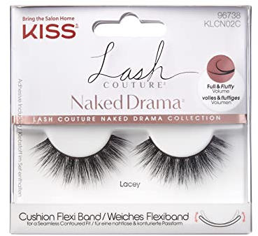 KISS Lash Couture Naked Drama Collection 1 Paar Falsche Wimpern Lacey Full and Fluffy Faux Nerz Fake Wimpern mit Kissen Flexi Band inklusive Wimpernkleber