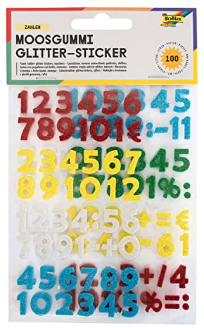 folia 23797 - Moosgummi Glitter Sticker, Zahlen, sortiert in rot, weiß, grün, gelb und türkis, verschiedene Motive, 100 Stück - Ideal zum Verzieren und Dekorieren von Grußkarten, Schultüten usw.