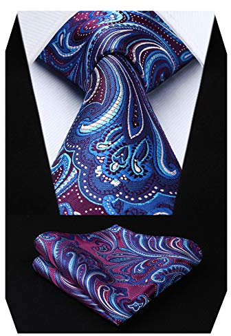HISDERN Herren Krawatte Blumen Paisley Krawatte & Einstecktuch Set Lila Blau