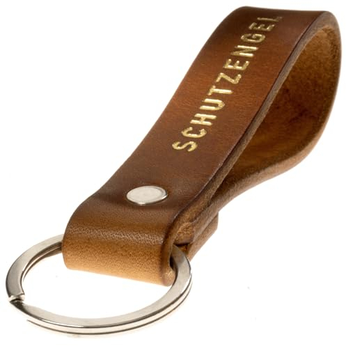 ELBERCRAFT® Schlüsselanhänger Leder SCHUTZENGEL Geschenk für Frauen oder Männer pflanzlich gegerbt braun mit gravur gold 12 cm made in Germany Leather Keychain