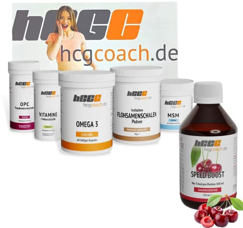 hCGC Stoffwechselkur 21 Tage Basispaket - Omega 3, OPC, MSM, Vitamin Komplex Kapseln, Flohsamen Pulver, zuckerfreier Sirup mit Sauerkirsche für Energie - Darmkur & Stoffwechselunterstützung