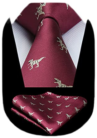HISDERN Burgund Krawatte für Herren Dinosaurier Hochzeit Taschentuch Business Klassisch Krawatte und Einstecktuch Set