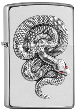 Zippo Sturmfeuerzeug - Schlangen Emblem - Silber - Satin Chrome Finish - Wiederverwendbar - Windfestes Benzinfeuerzeug - Geschenkbox - Made in USA