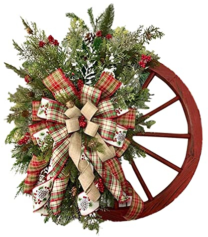 Weihnachtsdekoration Holz Winter Bauernhaus Rot Wagon Rad Kranz 40 cm Weihnachtsdekor Vintage Bauernhäuser Kranz Weihnachtskranz für Haustür Wanddekoration