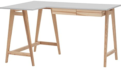 RAGABA Eckschreibtisch Luka Tisch Mit L-Form Winkelschreibtisch Schreibtisch Bürotisch Ecktisch Arbeitstisch Studie Tisch Computertisch - 135 cm + 85 cm - Linke Seite - Massivholz Esche - Perlgrau