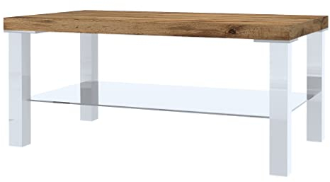 BELINI Table Salon - Table Basse Salon avec Verre NEX SK I Tables Basses de Salon - Teille: 45 x 90 x 43,5 cm I Table de Salon Basse - Couleur: Blanc/chêne wotan