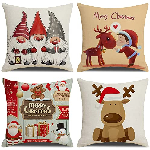 KSSKEN Housse de Coussin Noël 45x45cm, Lot de 4 Joyeux Décoration Canapé en Coton et Lin pour Lit Chambre Chaise Jardin