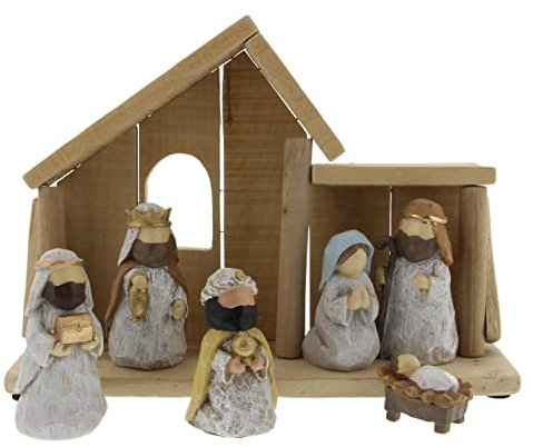 burton+BURTON 7-teiliges Krippen-Set aus Kunstharz, handbemalt, Krippenfiguren, Holz, inkl. Jesuskind, Maria, Josef und 3 Weise Männer, Tischdekoration